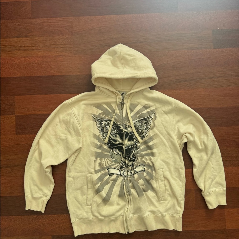 Vintage AVIREX Y2K Full Zip Winged Skull Hoodie Goth Grunge White